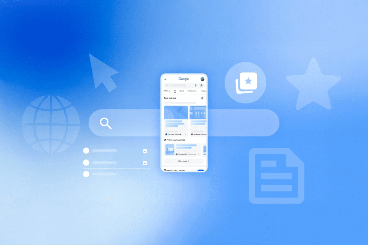 Smartphone screen displaying Google News interface with AI-powered article summaries and publisher logos.