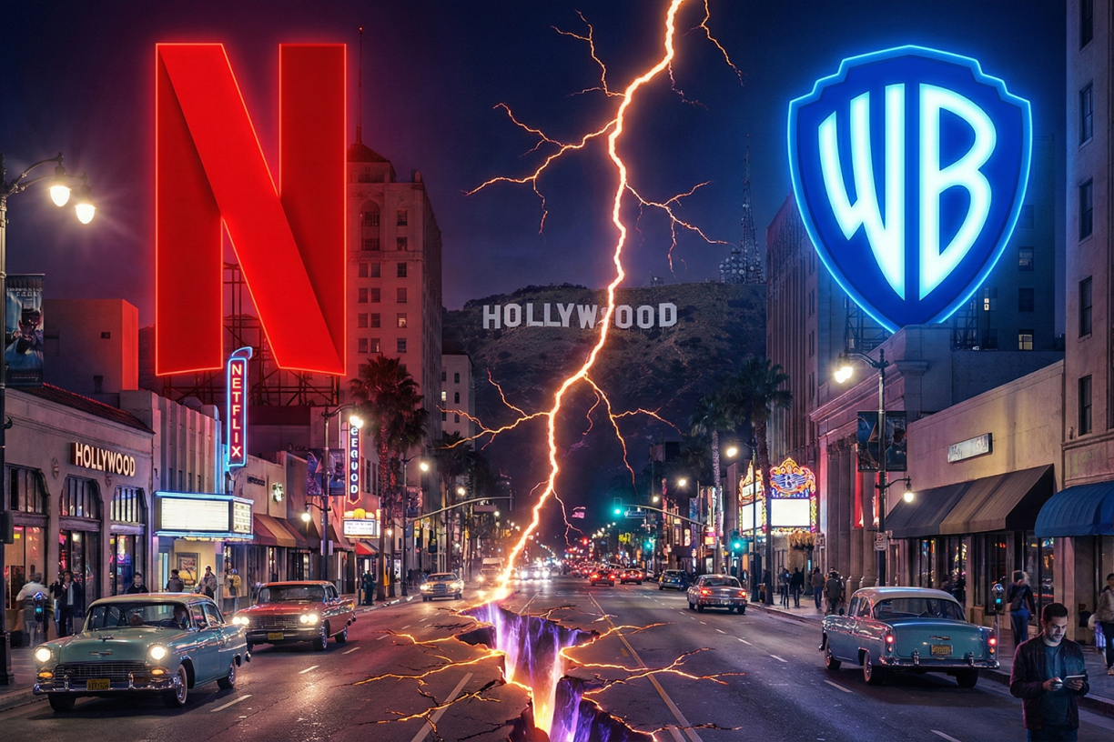 A dramatic nighttime view of Hollywood split by two opposing energy beams, one red and one blue, symbolizing industry disruption and a power shift in entertainment.