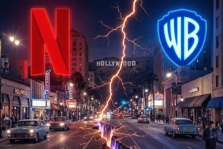 A dramatic nighttime view of Hollywood split by two opposing energy beams, one red and one blue, symbolizing industry disruption and a power shift in entertainment.