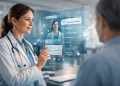 Clinician reviewing an AI-powered health assistant interface designed to support patient care decisions