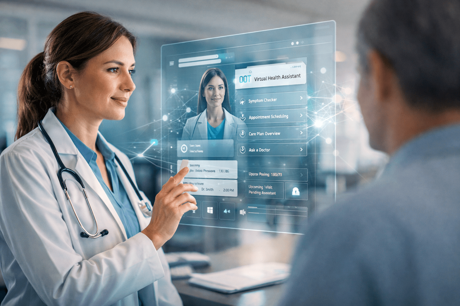 Clinician reviewing an AI-powered health assistant interface designed to support patient care decisions