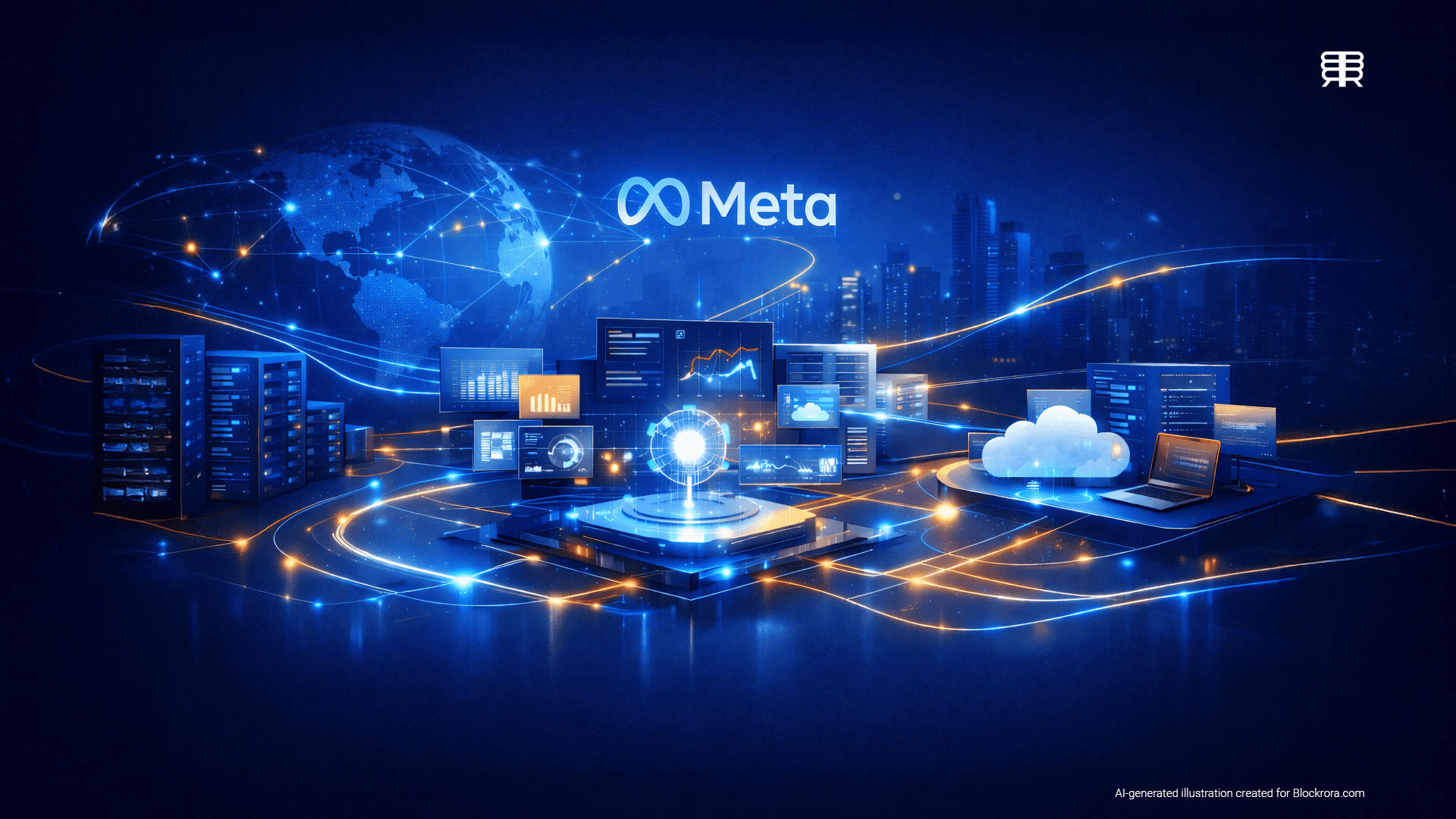 AI-generated editorial illustration showing Meta’s AI infrastructure and autonomous agent networks following its $2 billion acquisition of Manus