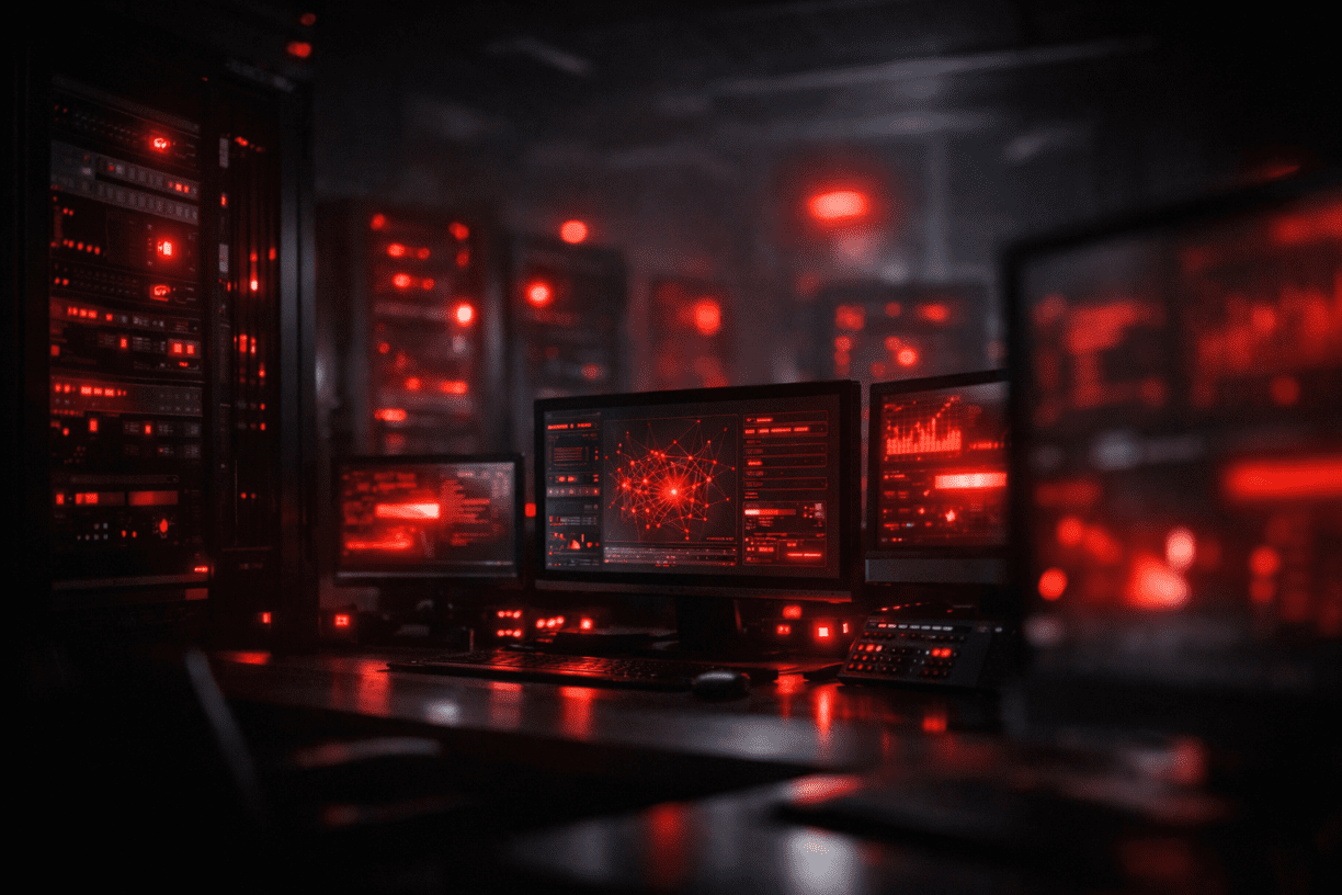 Abstract AI operations environment with red system alerts representing OpenAI’s code red strategy and accelerated GPT Image 1.5 release