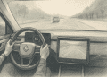 AI-enhanced sketch illustration showing Rivian electric vehicle interior with machine perception lines visualizing autonomous driving on public roads