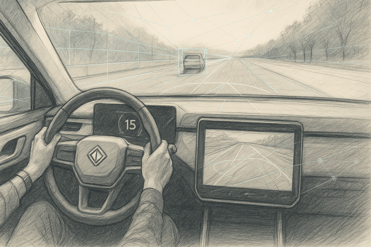 AI-enhanced sketch illustration showing Rivian electric vehicle interior with machine perception lines visualizing autonomous driving on public roads