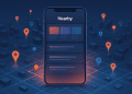 Digital illustration of a smartphone displaying a Nearby feed above an isometric European city grid with glowing location pins, representing TikTok’s new local discovery feature.