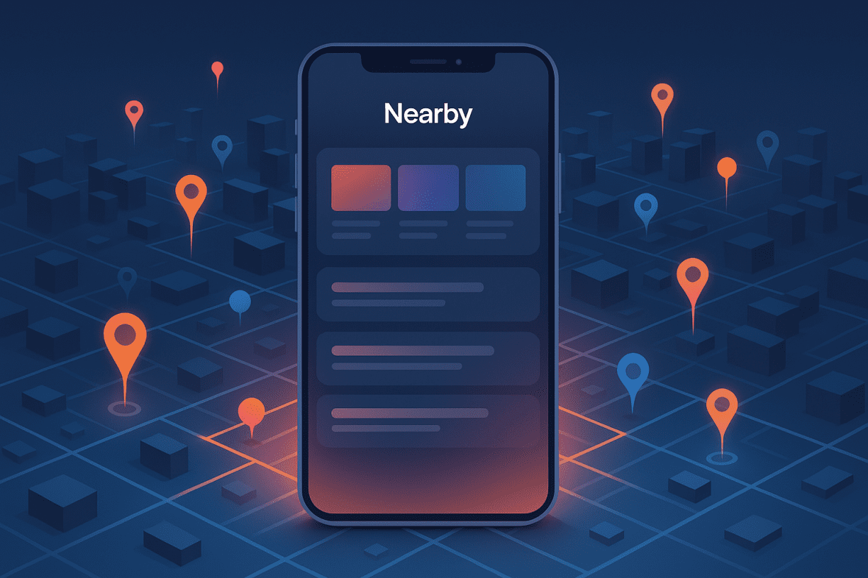 Digital illustration of a smartphone displaying a Nearby feed above an isometric European city grid with glowing location pins, representing TikTok’s new local discovery feature.