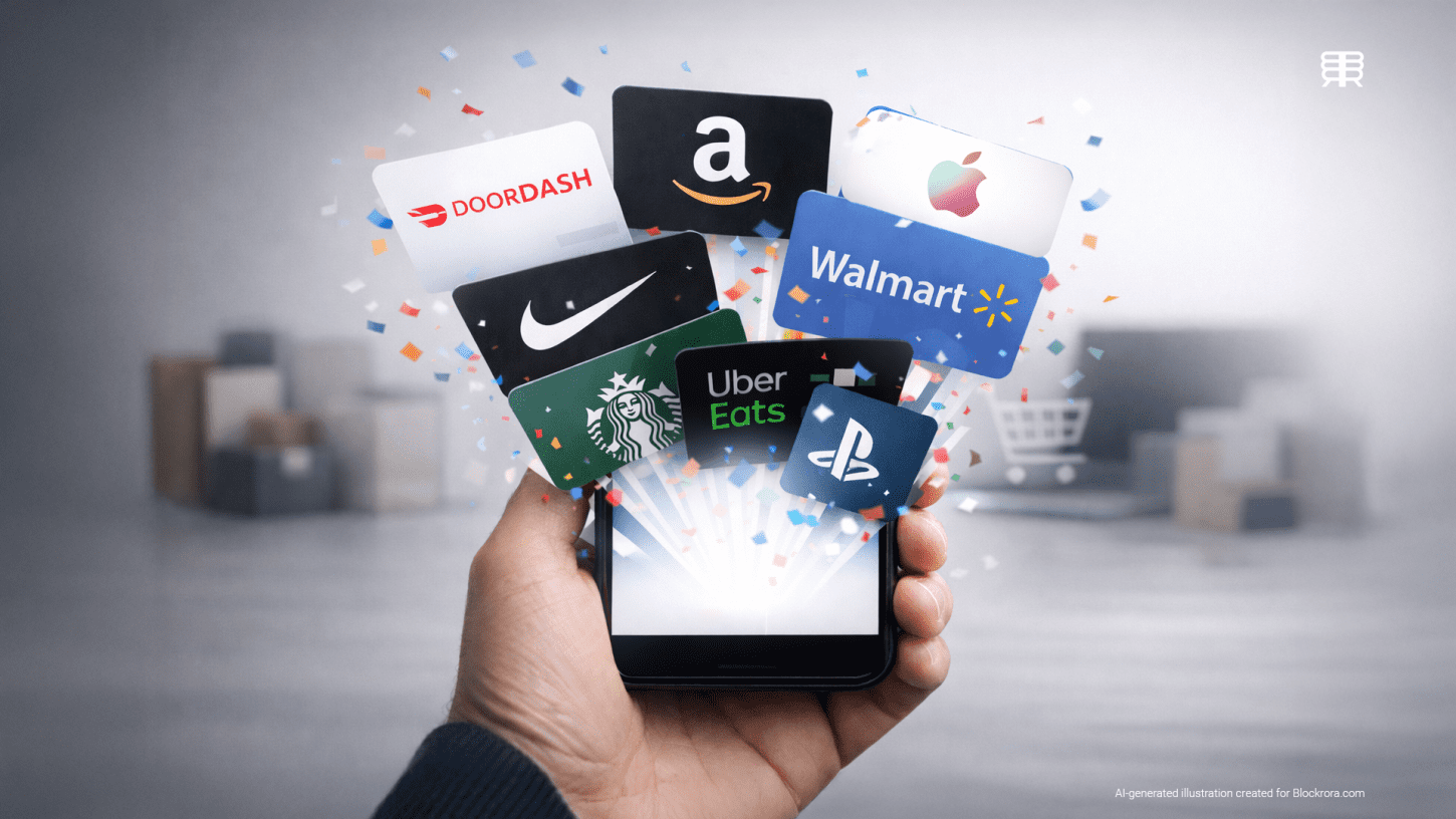 AI-generated illustration showing digital gift cards from major U.S. brands emerging from a smartphone, representing TikTok Shop’s expansion into digital gift cards and social commerce.