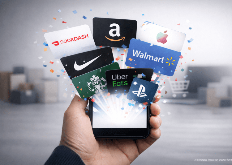 AI-generated illustration showing digital gift cards from major U.S. brands emerging from a smartphone, representing TikTok Shop’s expansion into digital gift cards and social commerce.