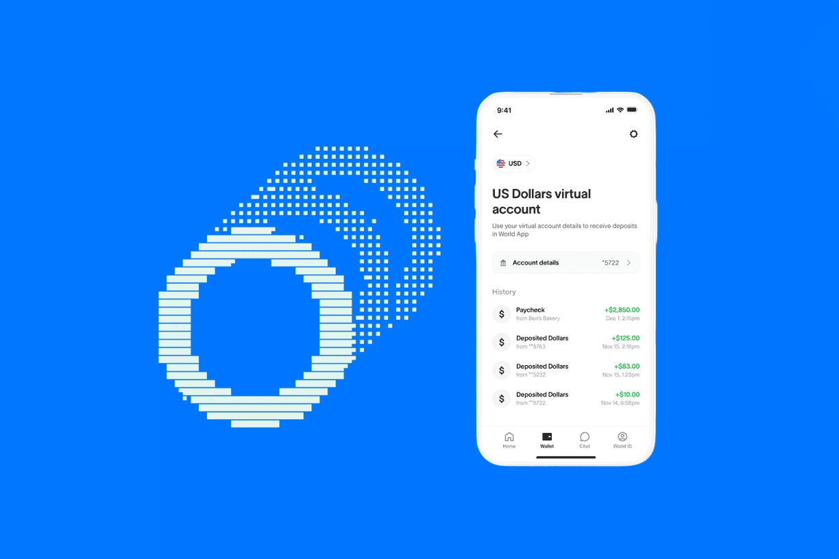 World App interface showing a USD virtual account and deposit history, displayed alongside the World logo on a blue background.
