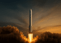 Zhuque-3 reusable rocket launching at sunset, showcasing LandSpace’s challenge to SpaceX with a stainless-steel booster rising through dramatic clouds.