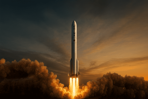 Zhuque-3 reusable rocket launching at sunset, showcasing LandSpace’s challenge to SpaceX with a stainless-steel booster rising through dramatic clouds.