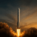 Zhuque-3 reusable rocket launching at sunset, showcasing LandSpace’s challenge to SpaceX with a stainless-steel booster rising through dramatic clouds.