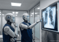 AI medical robots analyzing a chest X-ray in a hospital setting, illustrating the Gates–OpenAI healthcare initiative in Africa