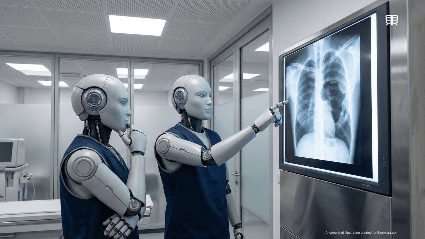 AI medical robots analyzing a chest X-ray in a hospital setting, illustrating the Gates–OpenAI healthcare initiative in Africa