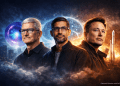 Portrait illustration of Tim Cook, Sundar Pichai, and Elon Musk symbolizing the rise of an AI oligopoly and the consolidation of artificial intelligence power