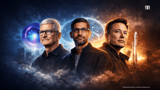 Portrait illustration of Tim Cook, Sundar Pichai, and Elon Musk symbolizing the rise of an AI oligopoly and the consolidation of artificial intelligence power