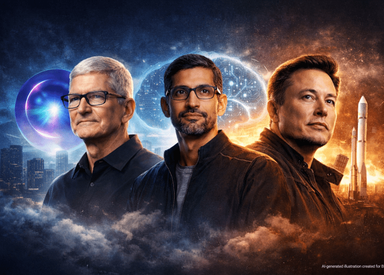 Portrait illustration of Tim Cook, Sundar Pichai, and Elon Musk symbolizing the rise of an AI oligopoly and the consolidation of artificial intelligence power