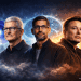 Portrait illustration of Tim Cook, Sundar Pichai, and Elon Musk symbolizing the rise of an AI oligopoly and the consolidation of artificial intelligence power