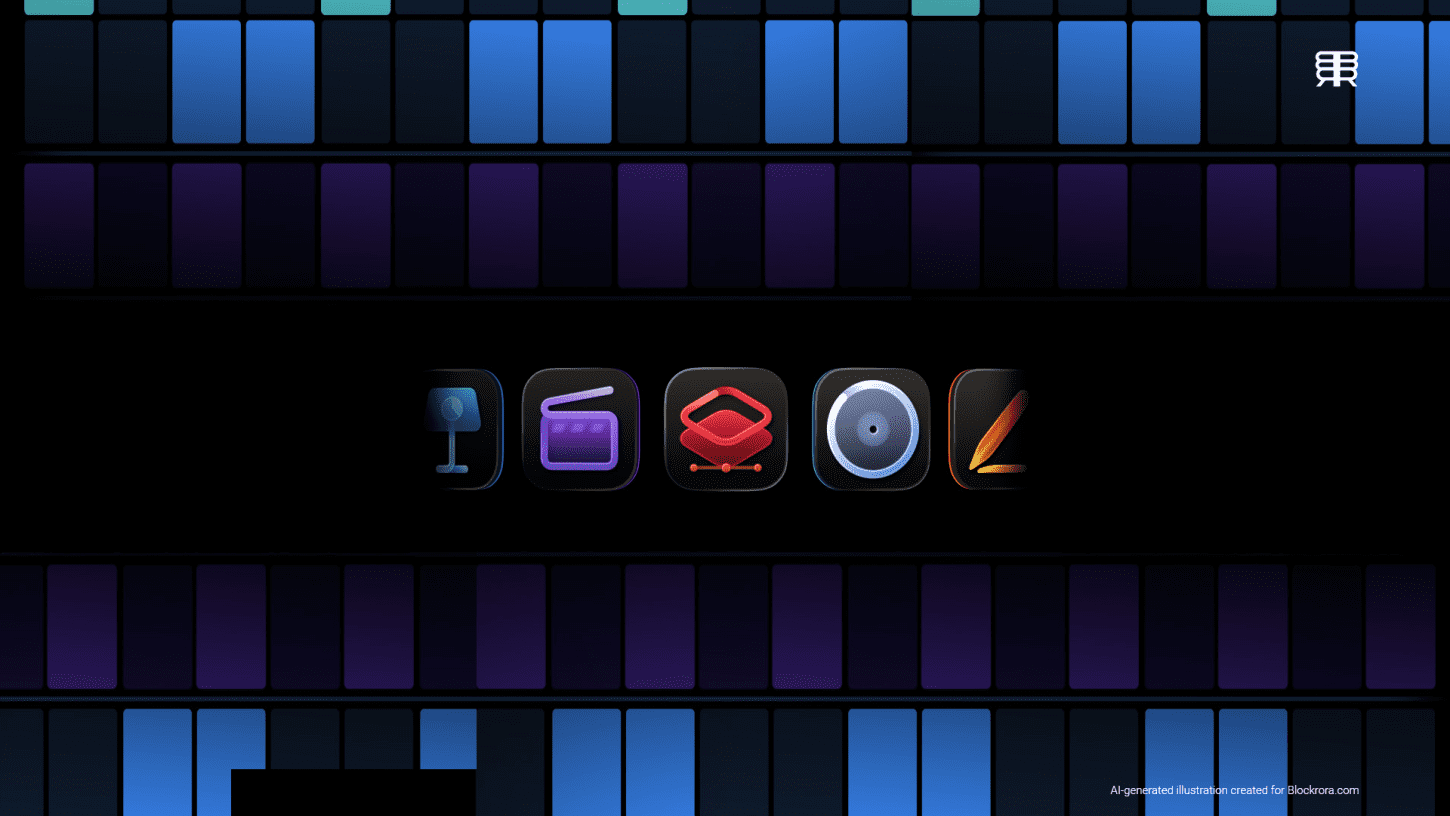 Apple Creator Studio interface showing creative app icons and AI-powered tools across Mac and iPad