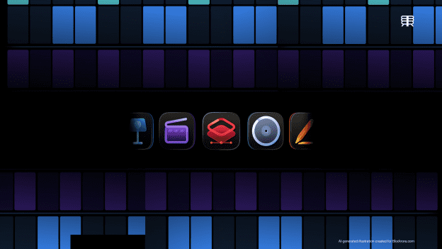 Apple Creator Studio interface showing creative app icons and AI-powered tools across Mac and iPad