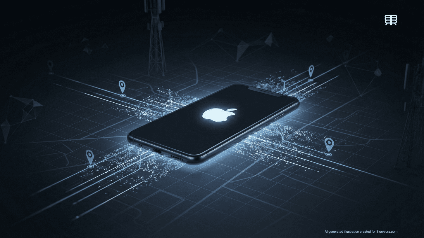 Abstract illustration showing a smartphone disrupting precise cellular location tracking through hardware-level privacy protection.