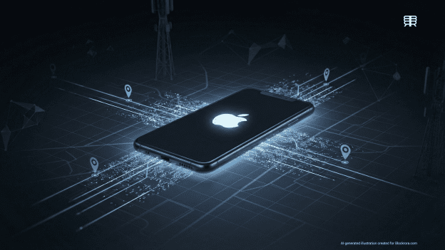 Abstract illustration showing a smartphone disrupting precise cellular location tracking through hardware-level privacy protection.