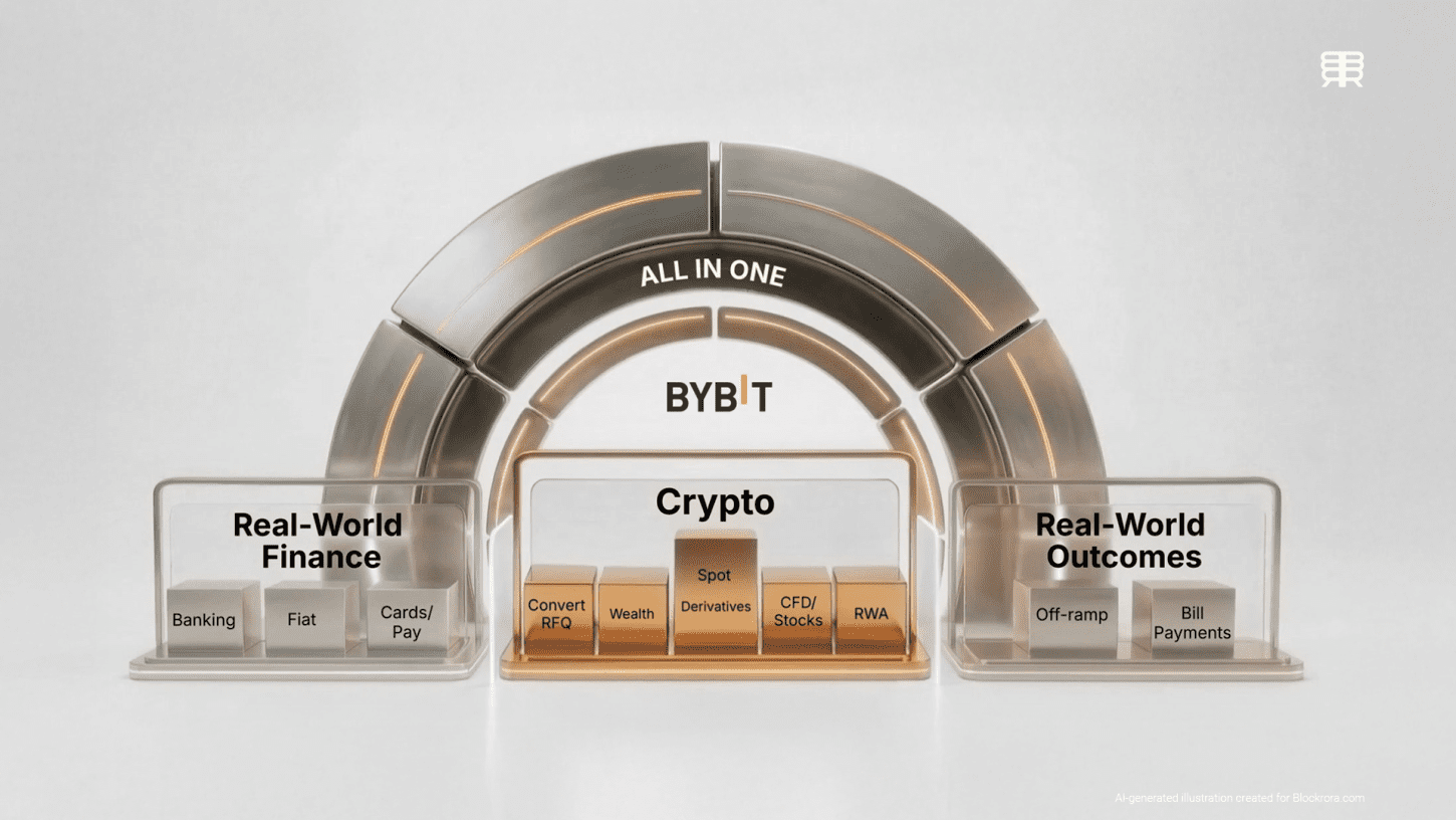 A 3D structural diagram of the Bybit "All-In-One" financial ecosystem, categorizing Real-World Finance, Crypto services, and Real-World Outcomes.