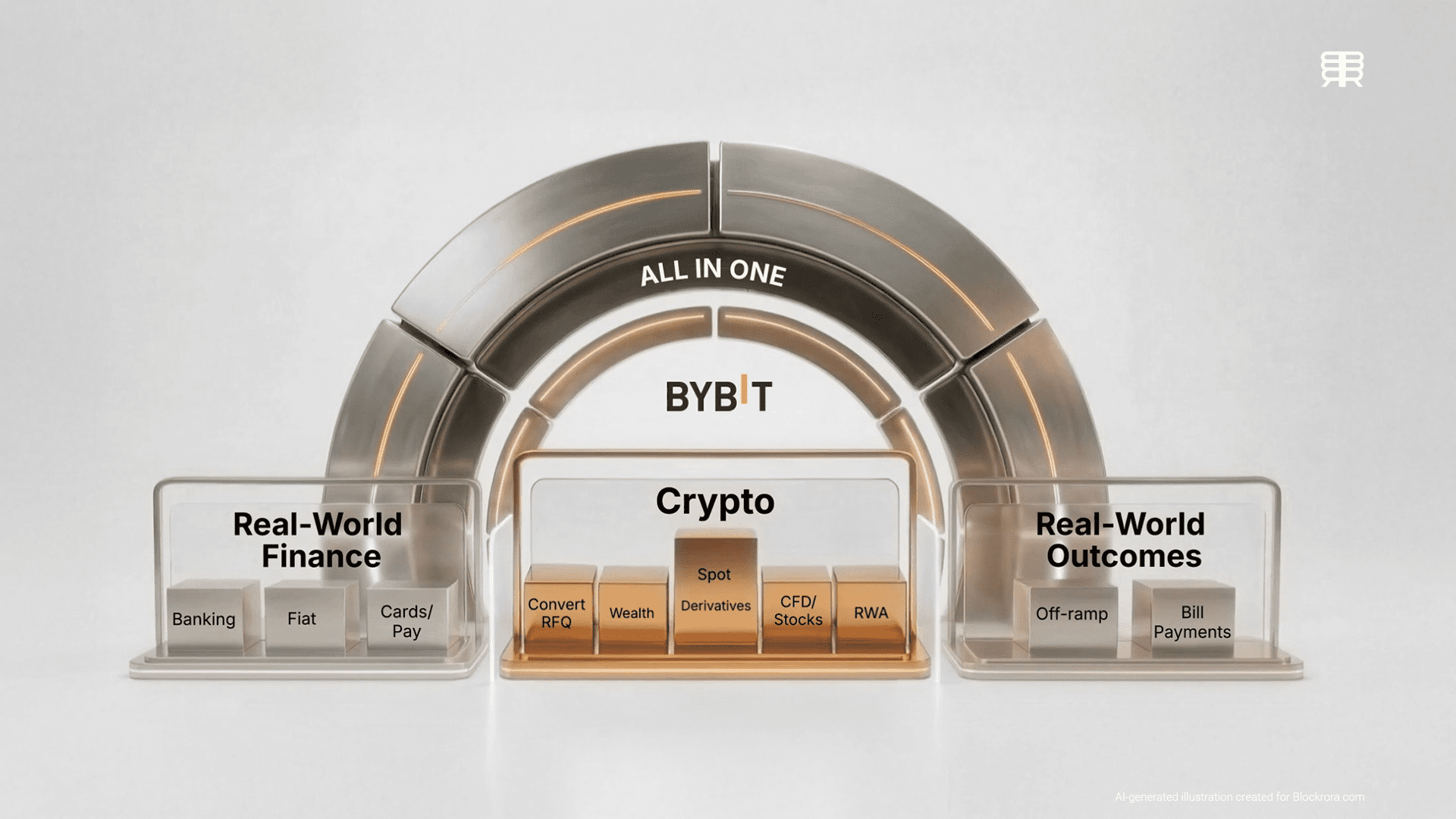 A 3D structural diagram of the Bybit "All-In-One" financial ecosystem, categorizing Real-World Finance, Crypto services, and Real-World Outcomes.