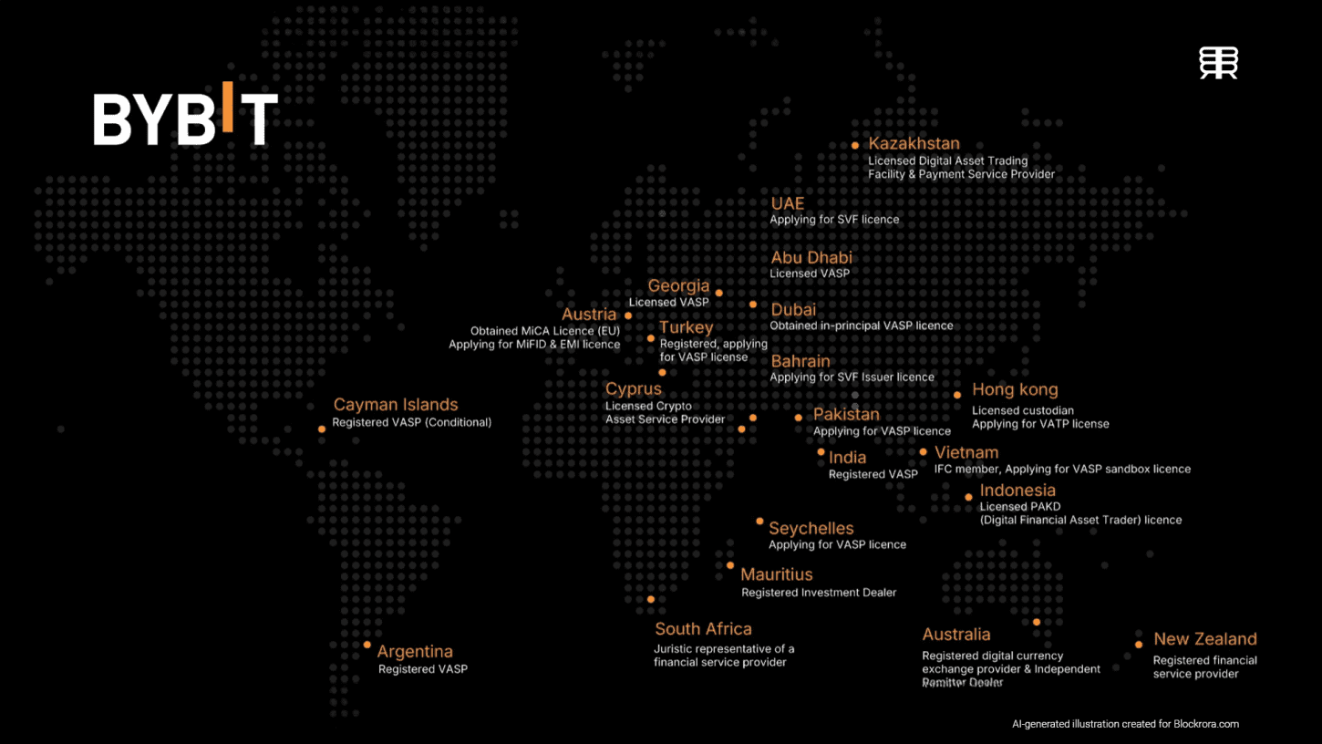 A global map showing Bybit's licenses and registrations across various countries including India, South Africa, and Argentina.