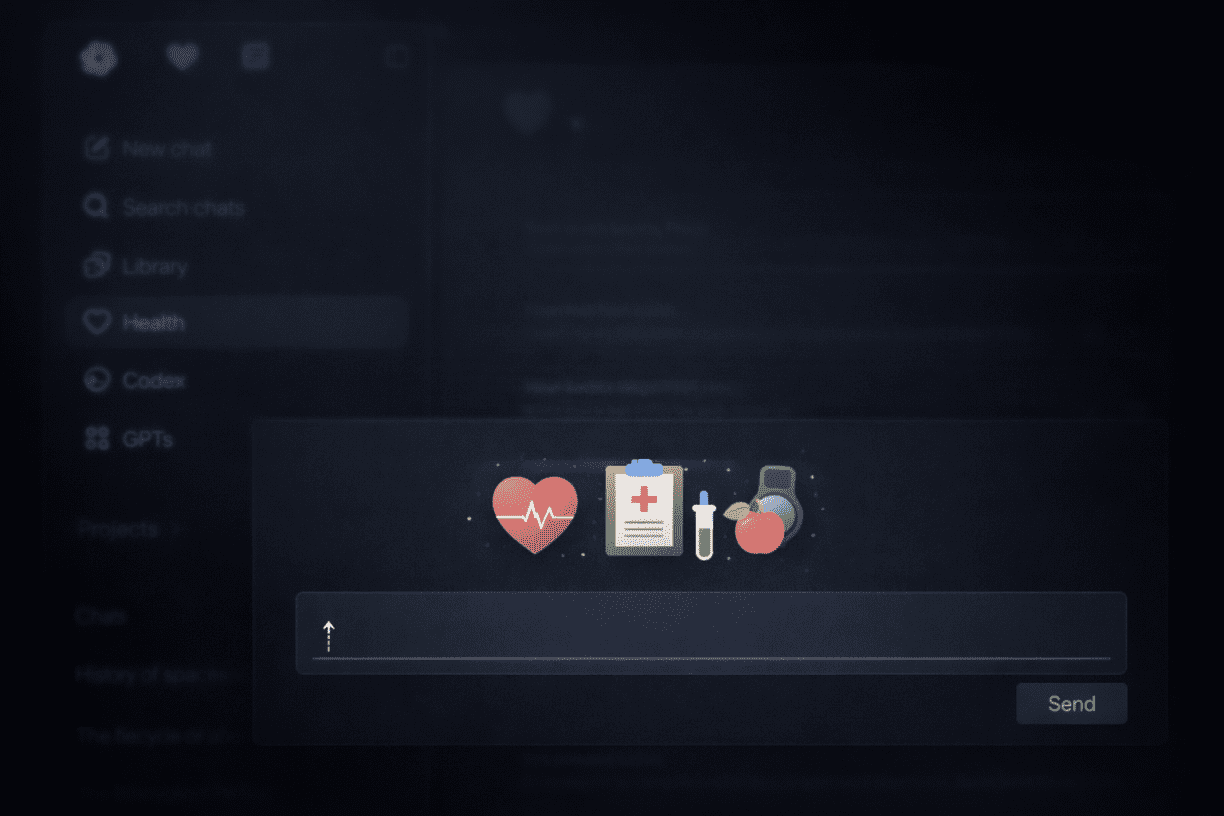Dark mode ChatGPT Health interface showing health icons inside an AI chat prompt for medical and wellness insights