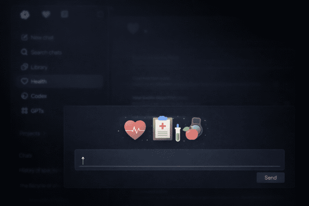 Dark mode ChatGPT Health interface showing health icons inside an AI chat prompt for medical and wellness insights