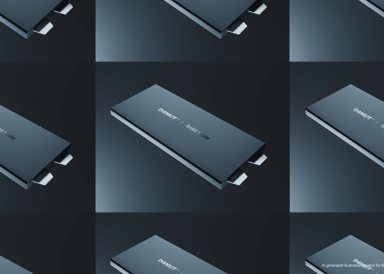 Donut Lab’s solid-state battery shown in a minimalist design, highlighting a next-generation EV energy system engineered for extreme cycle life and thermal safety.