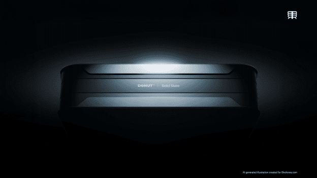 Donut Lab’s production-ready solid-state battery designed for electric vehicles, showcased with a compact, industrial-grade form factor.