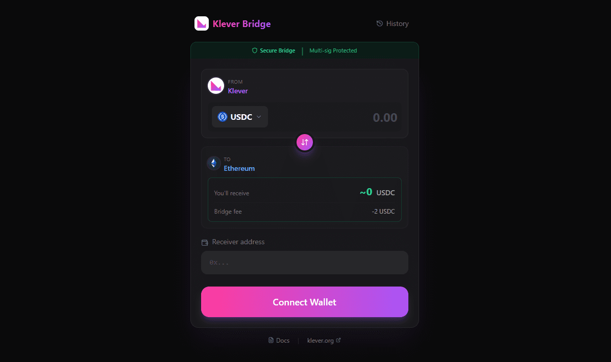 Klever Bridge interface showing cross-chain USDC transfer from KleverChain to Ethereum with multi-sig protection