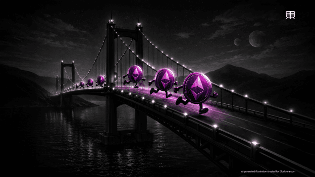 Ethereum tokens crossing a dark bridge in Klever pink and purple, symbolizing Klever’s new Ethereum cross-chain bridge