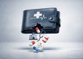 AI-generated illustration of a medical savings wallet with a tear, showing hospital and medical icons falling out after a claims processing error in South Africa.