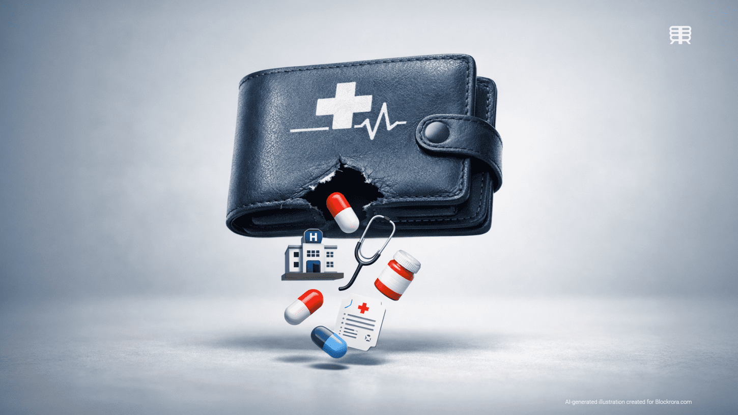 AI-generated illustration of a medical savings wallet with a tear, showing hospital and medical icons falling out after a claims processing error in South Africa.