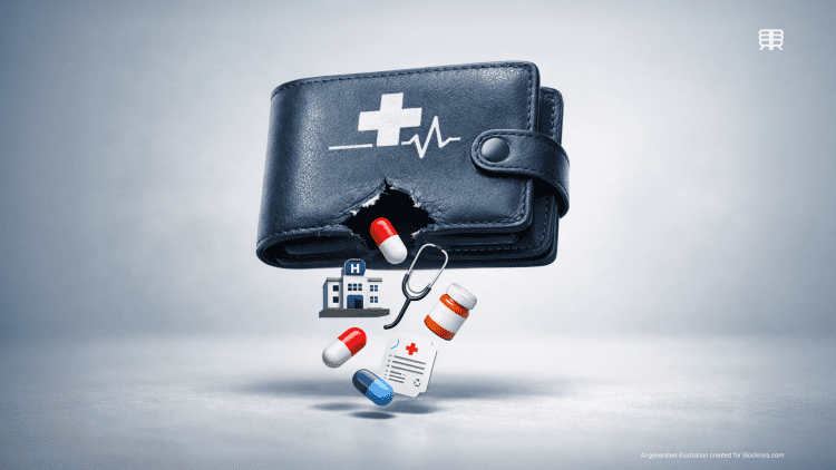 AI-generated illustration of a medical savings wallet with a tear, showing hospital and medical icons falling out after a claims processing error in South Africa.