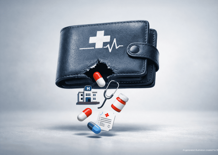 AI-generated illustration of a medical savings wallet with a tear, showing hospital and medical icons falling out after a claims processing error in South Africa.