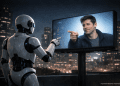 Photorealistic AI robot pointing at a digital billboard featuring OpenAI CEO Sam Altman, illustrating OpenAI’s plan to introduce targeted ads in ChatGPT.