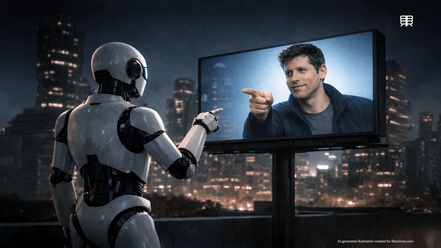 Photorealistic AI robot pointing at a digital billboard featuring OpenAI CEO Sam Altman, illustrating OpenAI’s plan to introduce targeted ads in ChatGPT.