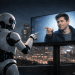 Photorealistic AI robot pointing at a digital billboard featuring OpenAI CEO Sam Altman, illustrating OpenAI’s plan to introduce targeted ads in ChatGPT.