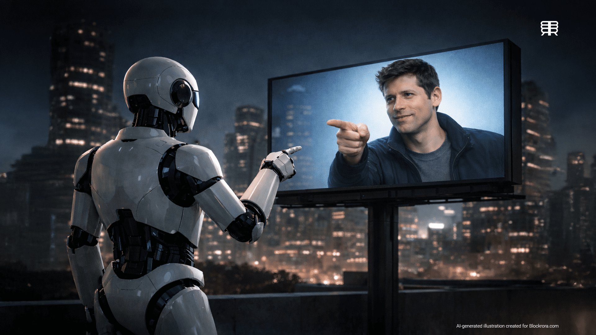 Photorealistic AI robot pointing at a digital billboard featuring OpenAI CEO Sam Altman, illustrating OpenAI’s plan to introduce targeted ads in ChatGPT.