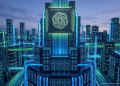 Futuristic data center city with a glowing AI chip at the center representing OpenAI and Nvidia's infrastructure partnership.