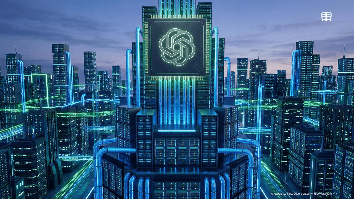 Futuristic data center city with a glowing AI chip at the center representing OpenAI and Nvidia's infrastructure partnership.
