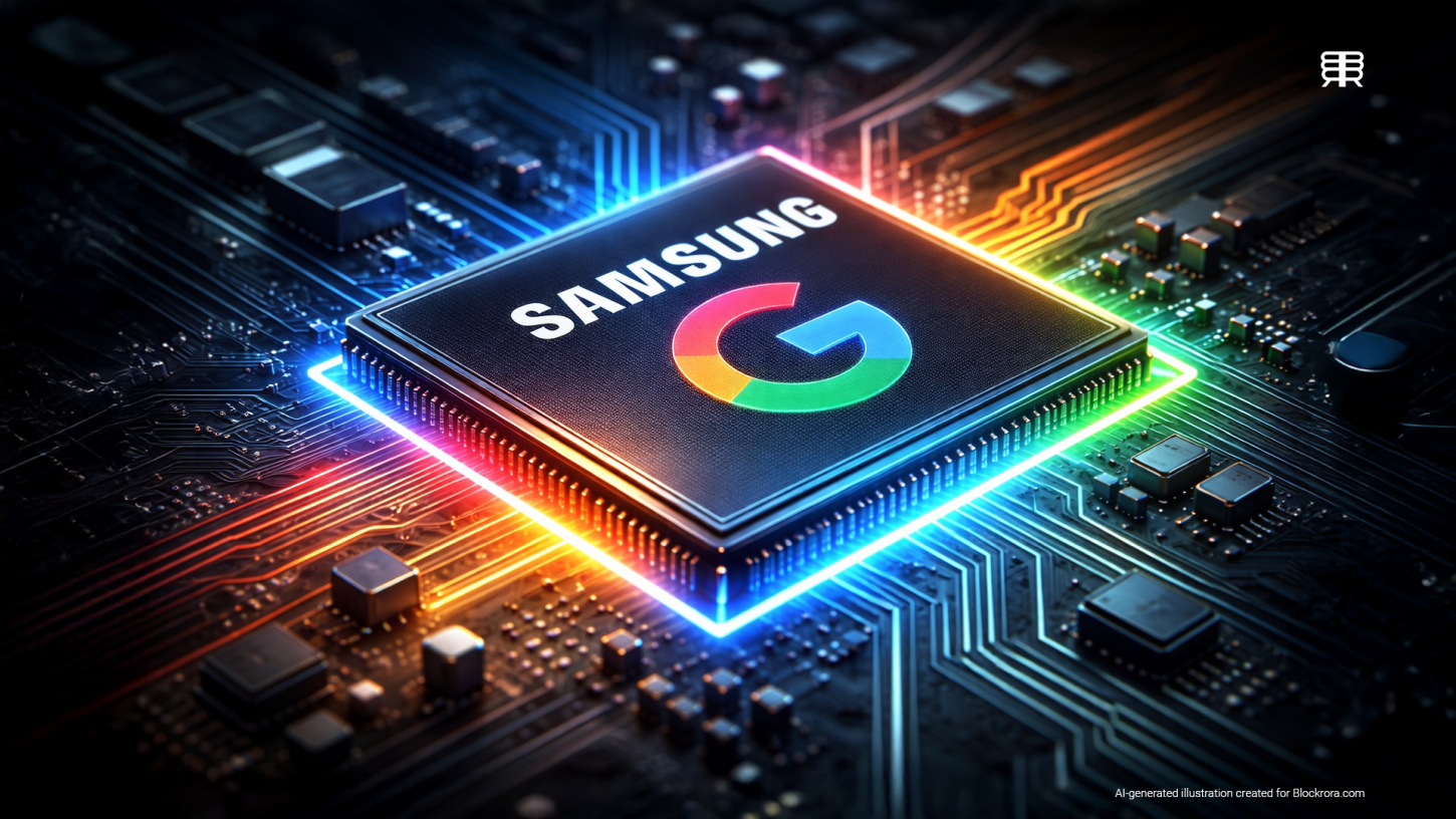 AI-generated illustration of a Samsung-branded processor chip integrated with Google Gemini AI, shown on a motherboard using Google’s signature colors to represent large-scale AI deployment across Samsung devices.