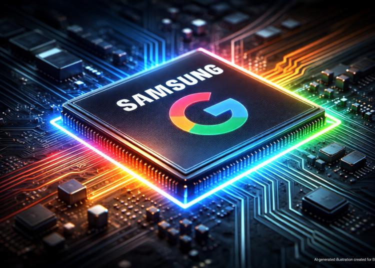 AI-generated illustration of a Samsung-branded processor chip integrated with Google Gemini AI, shown on a motherboard using Google’s signature colors to represent large-scale AI deployment across Samsung devices.