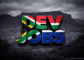 DEV JOBS text in South African flag colours over a dark, grey Table Mountain skyline symbolising South Africa’s software developer shortage