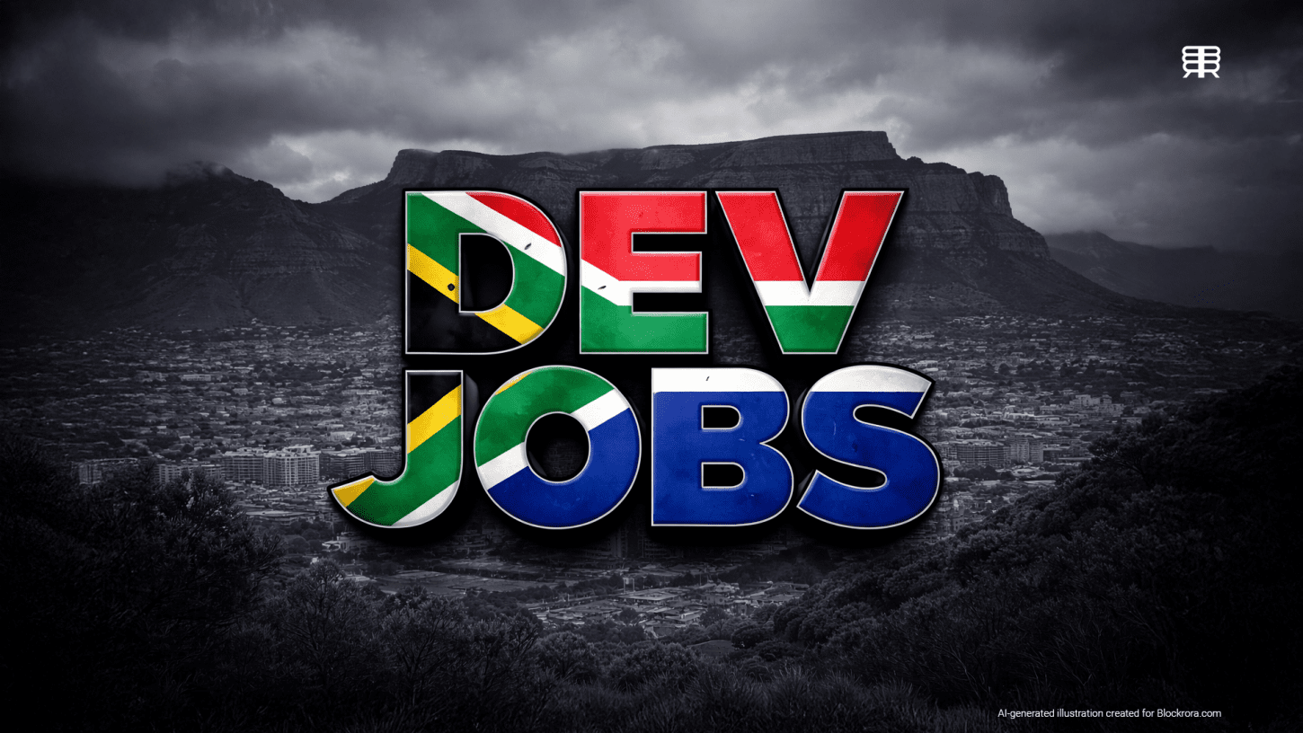 DEV JOBS text in South African flag colours over a dark, grey Table Mountain skyline symbolising South Africa’s software developer shortage